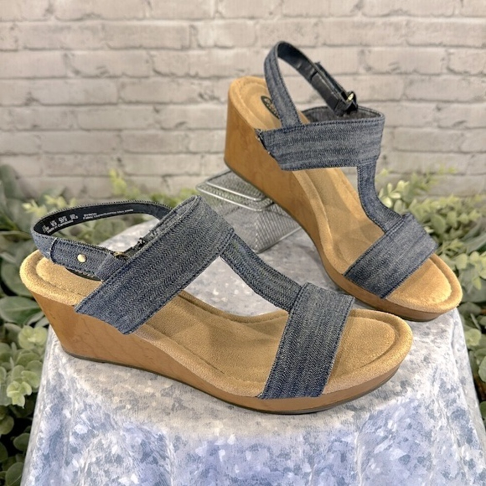 Dr. Scholl’s “Byron” Blue Denim Open Toe H-Band Wedge Sandals WMS 7.5M💙EUC